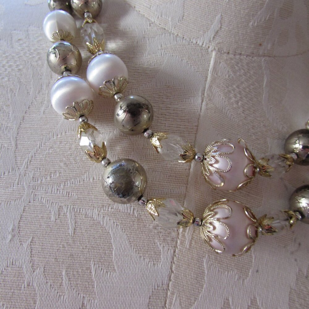 Vintage Double Strand Choker Necklace Pink & Silvery Gray Japan - Picture 4 of 7